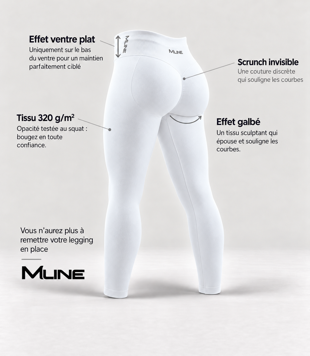 Leggings scrunch Blanc : effet ventre plat, scrunch invisible, tissu 320 g/m² opaque, effet galbé