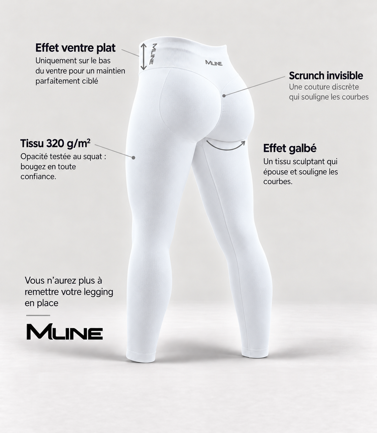 Leggings scrunch Blanc : effet ventre plat, scrunch invisible, tissu 320 g/m² opaque, effet galbé