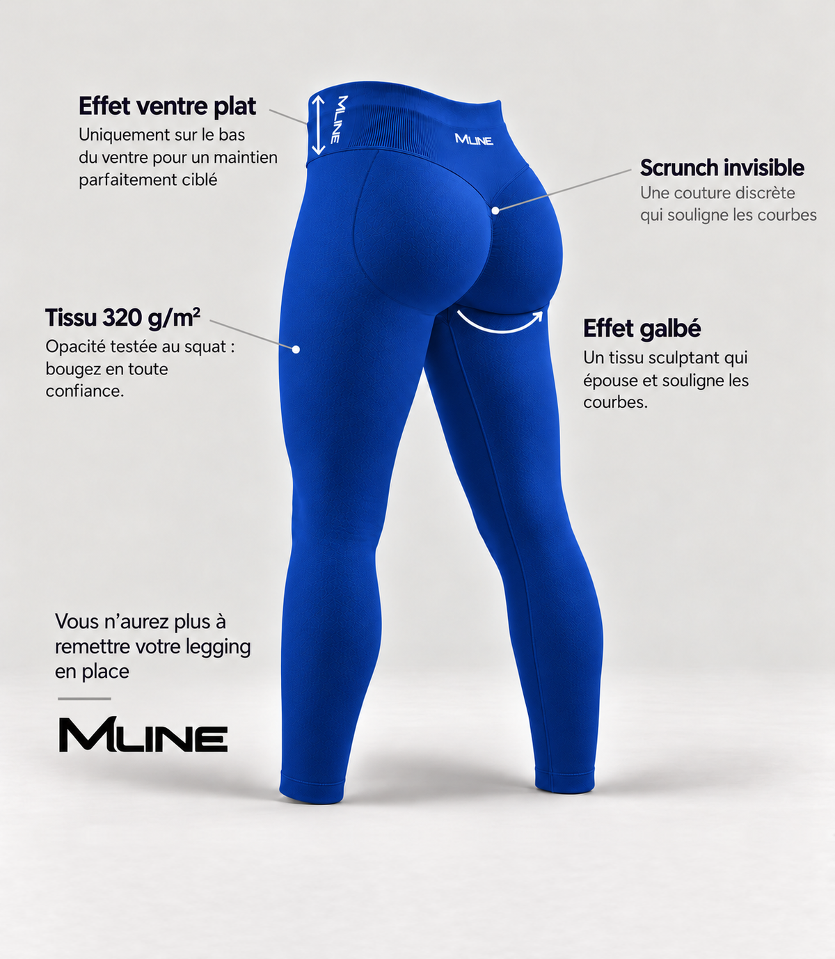 Leggings scrunch Bleu : effet ventre plat, scrunch invisible, tissu 320 g/m² opaque, effet galbé