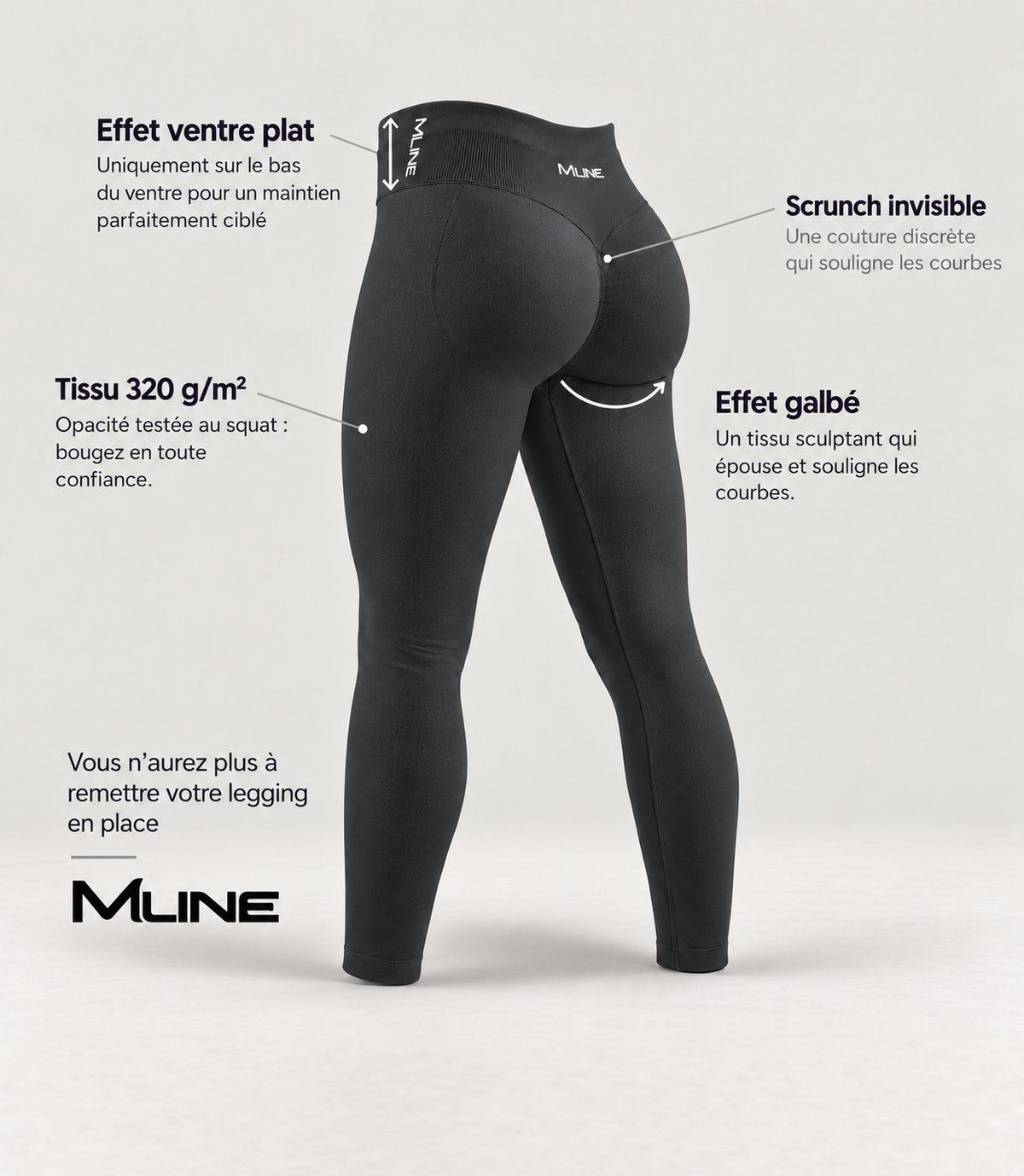 Leggings scrunch Gris foncé : effet ventre plat, scrunch invisible, tissu 320 g/m² opaque, effet galbé