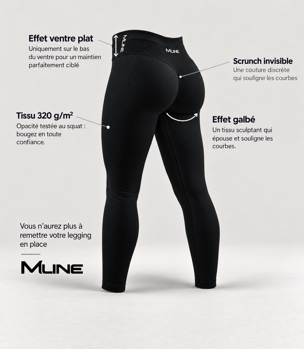Leggings scrunch Noir : effet ventre plat, scrunch invisible, tissu 320 g/m² opaque, effet galbé