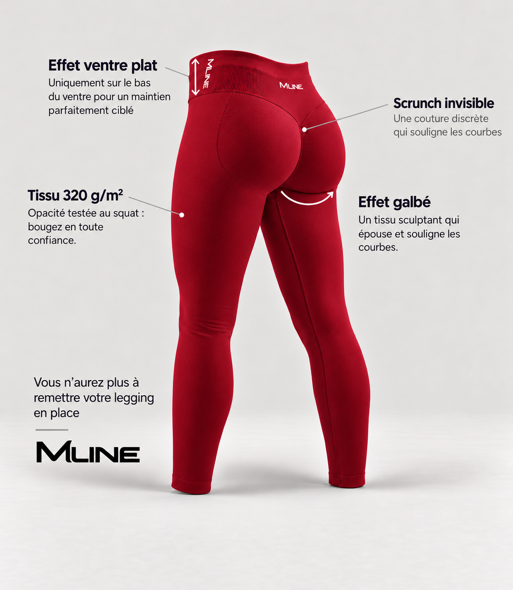 Leggings scrunch Rouge : effet ventre plat, scrunch invisible, tissu 320 g/m² opaque, effet galbé