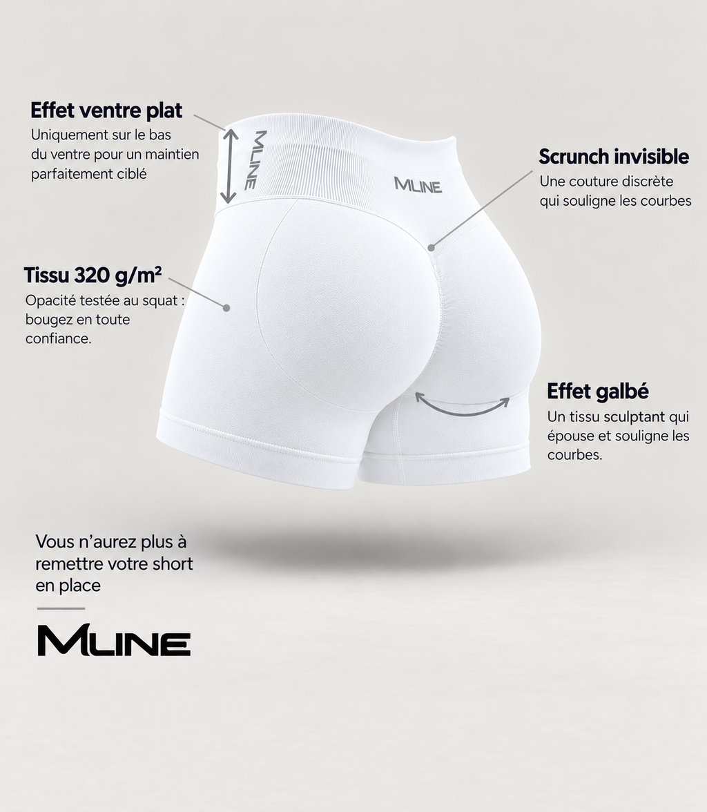 Short scrunch Blanc : effet ventre plat, scrunch invisible, tissu 320 g/m² opaque, effet galbé