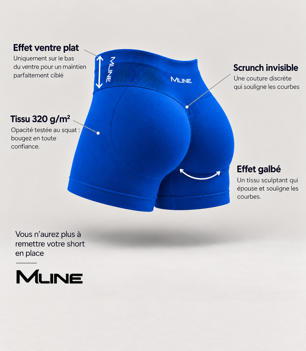 Short scrunch Bleu : effet ventre plat, scrunch invisible, tissu 320 g/m² opaque, effet galbé