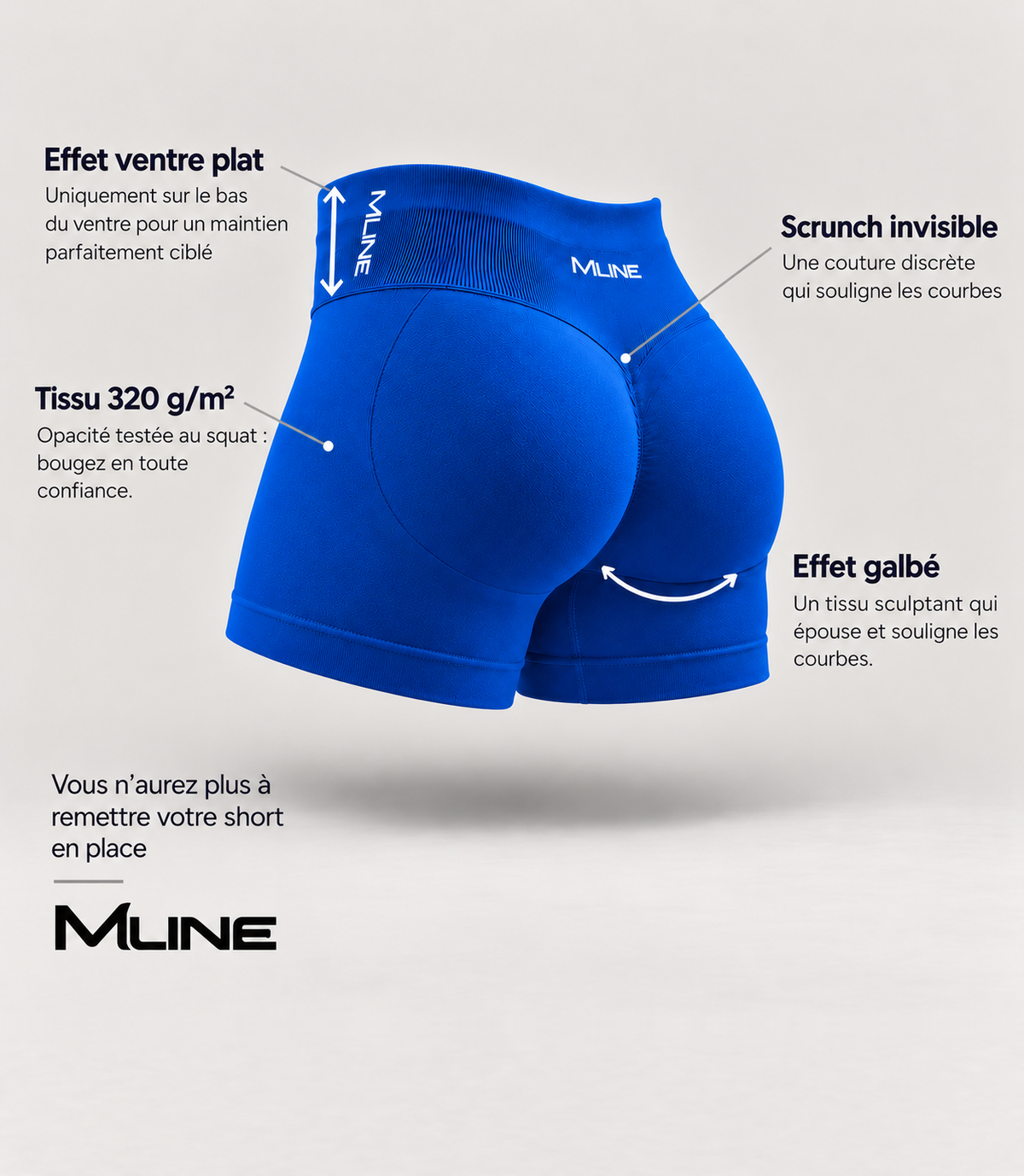 Short scrunch Bleu : effet ventre plat, scrunch invisible, tissu 320 g/m² opaque, effet galbé