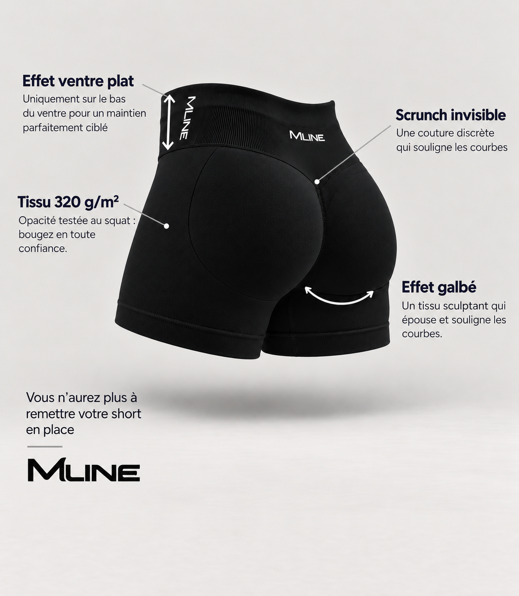Short scrunch Noir : effet ventre plat, scrunch invisible, tissu 320 g/m² opaque, effet galbé