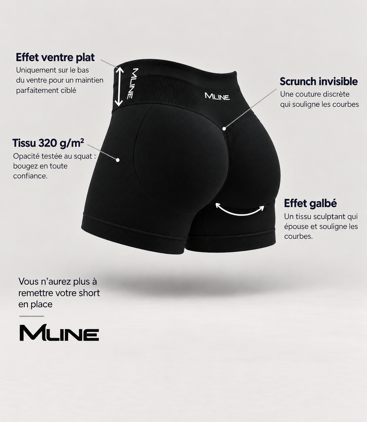Short scrunch Noir : effet ventre plat, scrunch invisible, tissu 320 g/m² opaque, effet galbé
