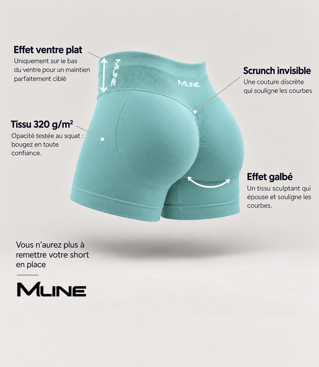 Short scrunch Vert d'eau : effet ventre plat, scrunch invisible, tissu 320 g/m² opaque, effet galbé