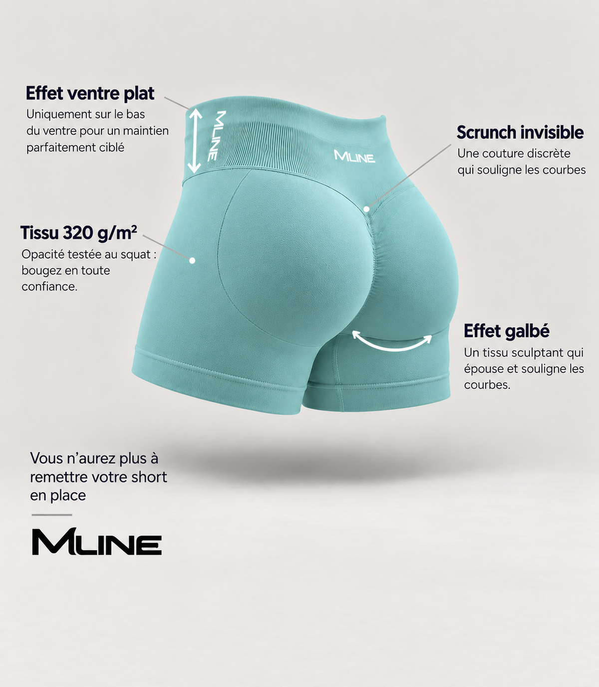 Short scrunch Vert d'eau : effet ventre plat, scrunch invisible, tissu 320 g/m² opaque, effet galbé